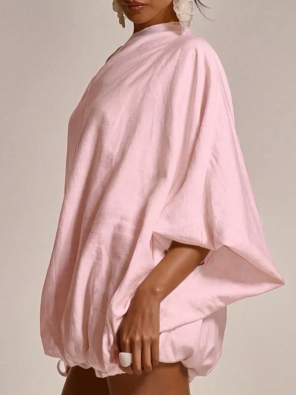 Pink Oversized Flowy Balloon Women's Slash Neck Cinched Mini Dress